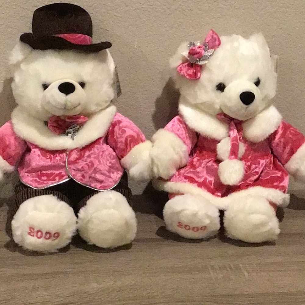 2009 Set of 2 Christmas Brown Pink Plush Teddy Bears Collector 21” Holiday Time